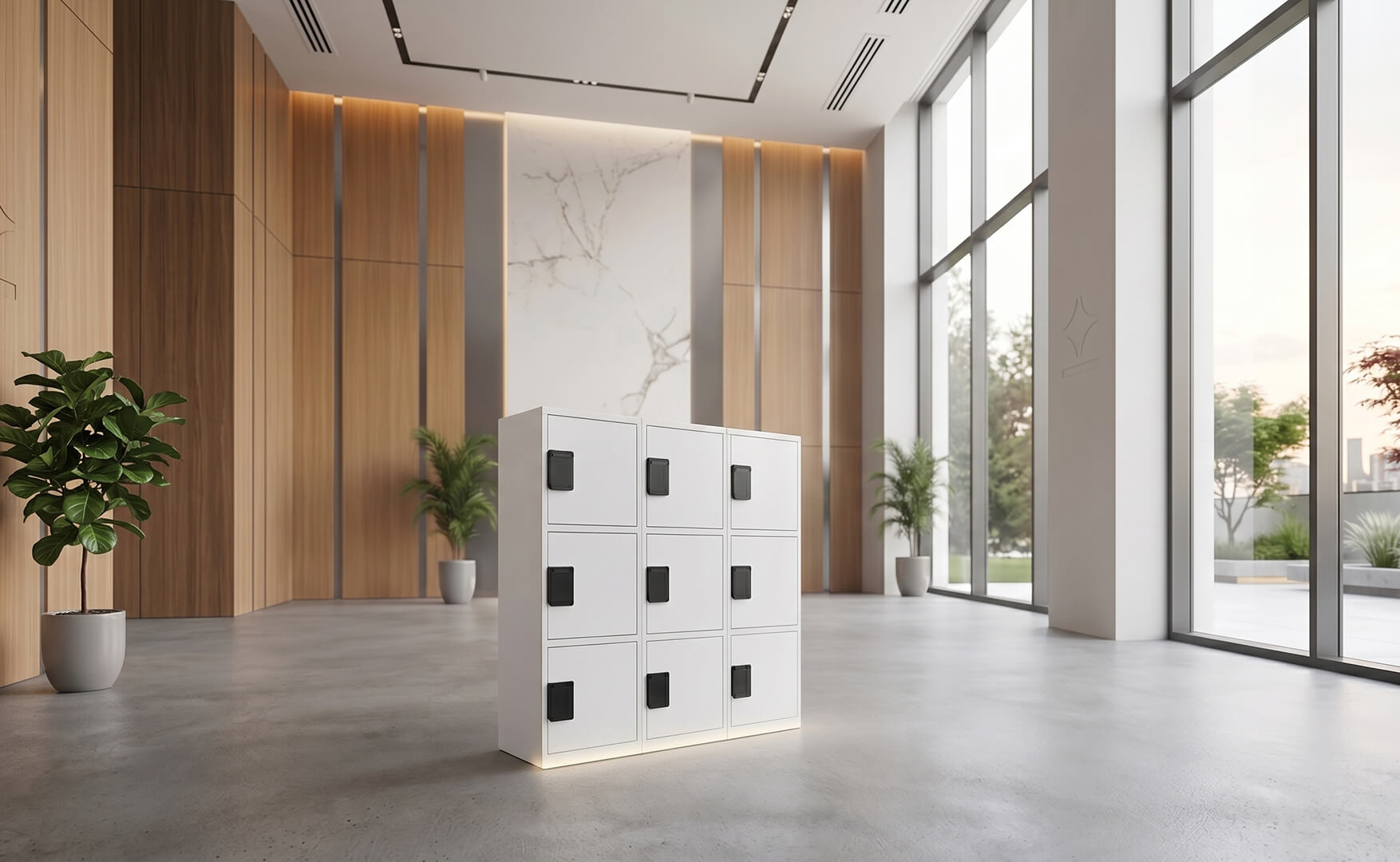 天井の間接照明と縦木パネルが映える広々とした室内に、3×3の白い収納ロッカーが中央配置されたスタイリッシュなロビー風景