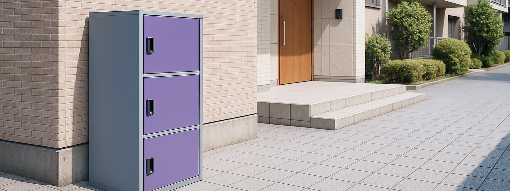 住宅の玄関先で、女性がグレーの大型ポストから手紙を取り出している場面