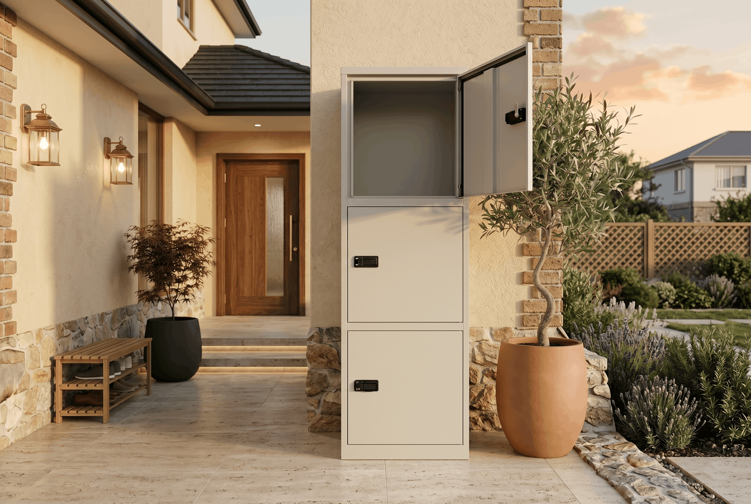 住宅の玄関前に設置された縦型宅配ボックスで、上段の扉が開き荷物の受け取り状態が分かる外観