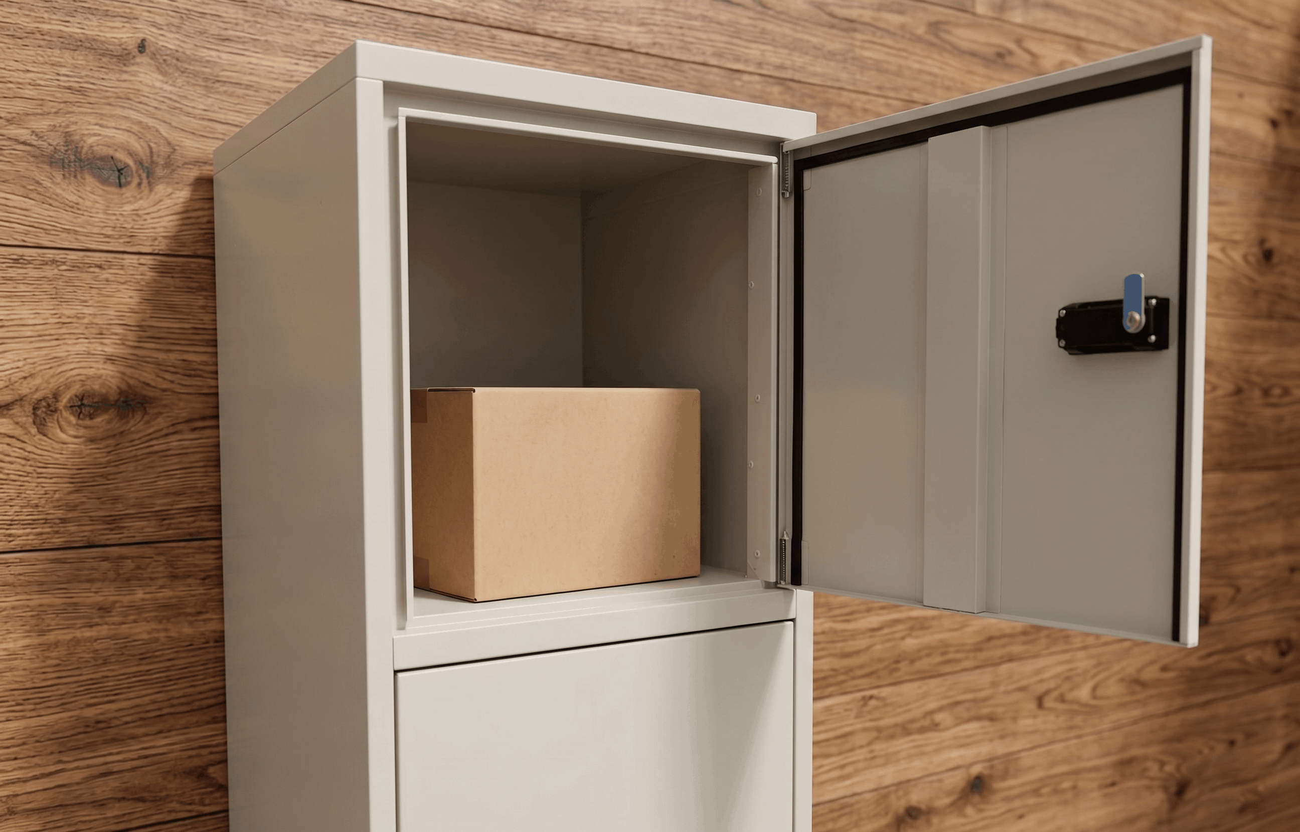 木目調の壁を背景に設置された宅配ボックスが開き、中に段ボール箱が収められている収納状態の様子