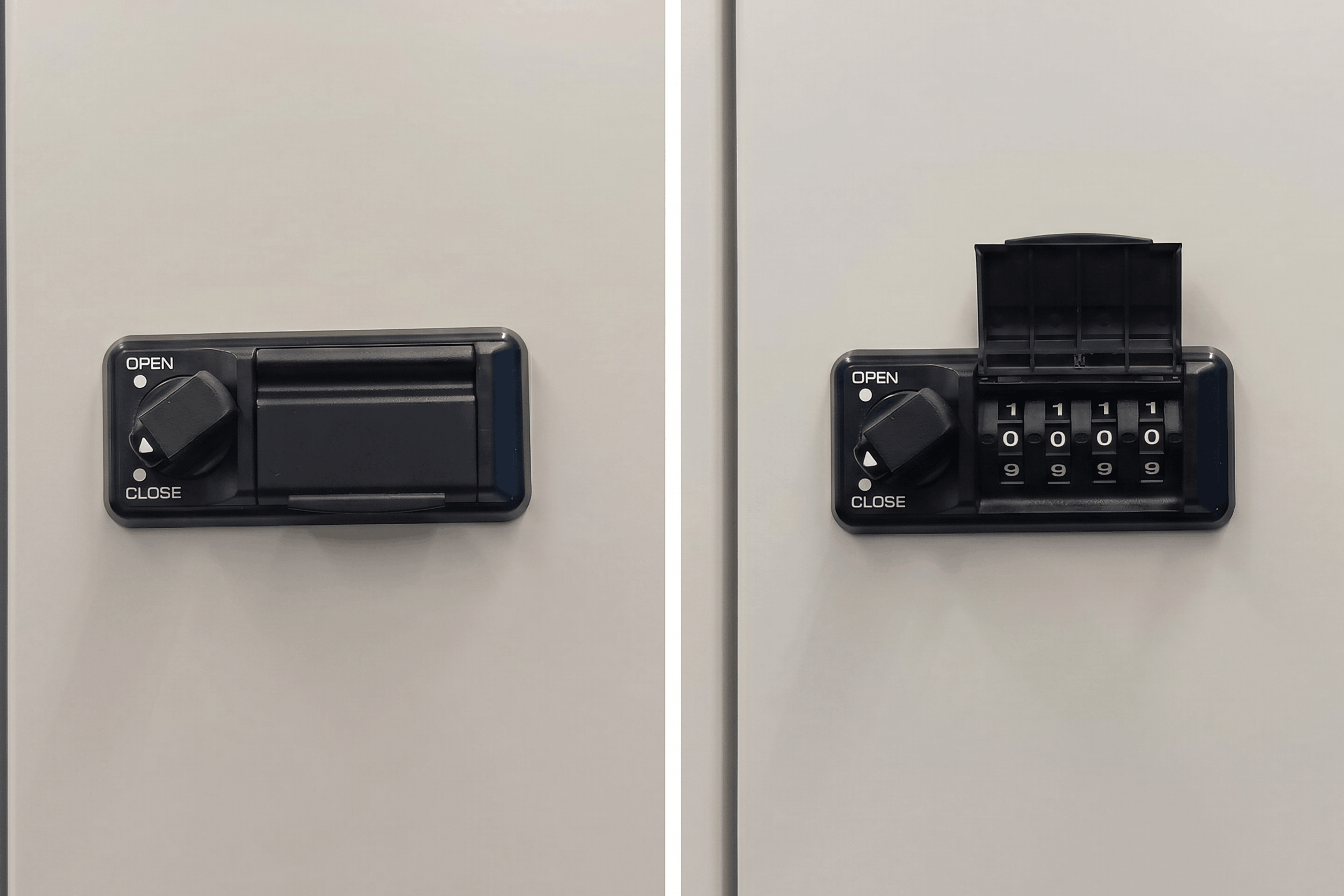 宅配ボックスの扉に取り付けられた黒い操作パネルで、開閉レバーとダイヤル式暗証番号ロックが確認できるシンプルな構造