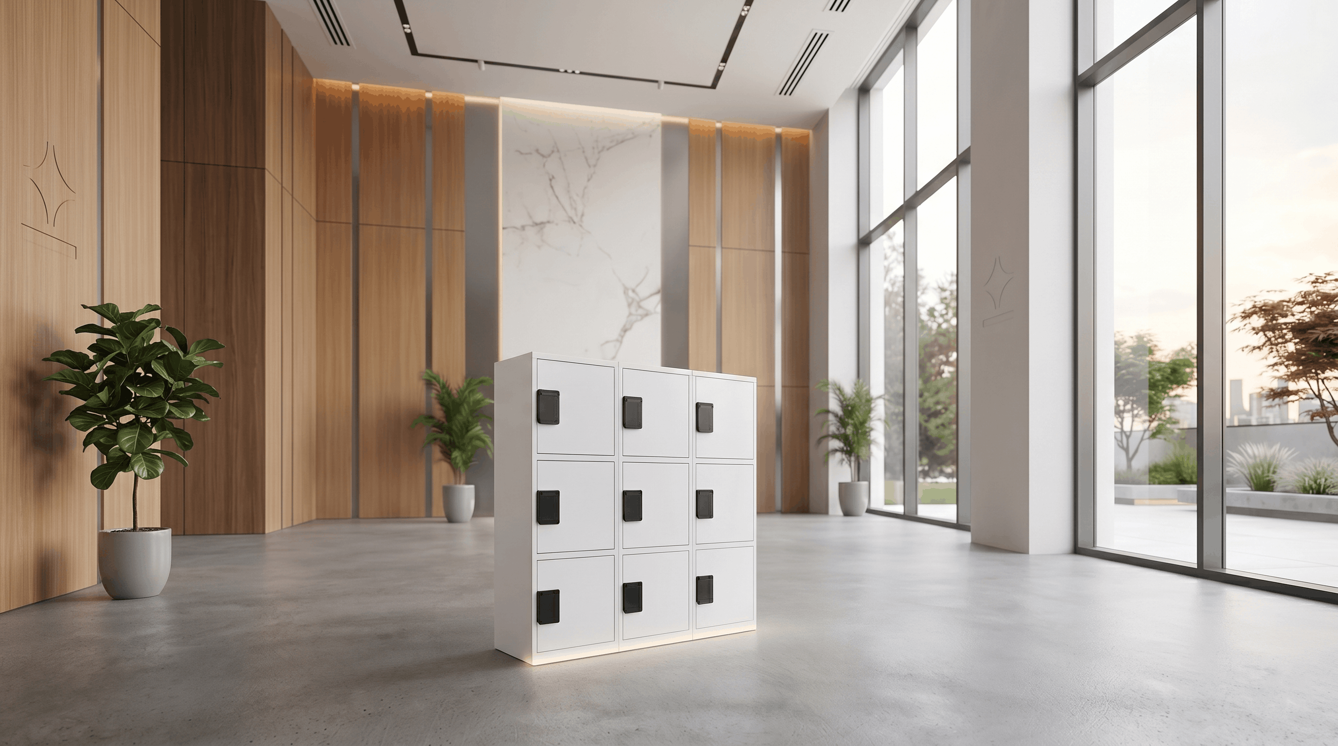 共有スペースの中央に設置された9扉のロッカーで、オフィスやマンション向けの受取設備を示すデザイン